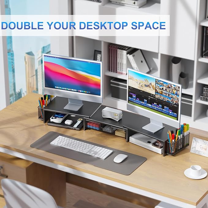 gianotter Dual Monitor Stand Riser, Desk Organizer With Drawer and 2 Pen Holders, Computer Monitor Stand, Desk Shelf for Top of Desk, Balck