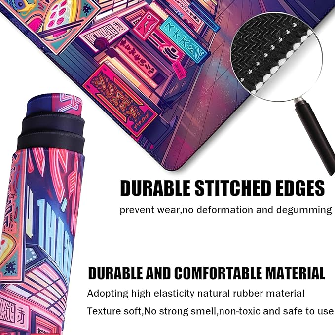 Japanese City Big Desk Mat Large Office Desk Pad, Durable Extended Mouse Mat, 35.4"x15.7" Computer Mousepad with Non-Slip Rubber Base & Stitched Edge for Home Office Gaming Work