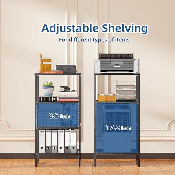 Printer Stand Holder 4 Tier - Heavy Duty Metal Shelving Unit for Printer Shelf Office Organizer, Industrial Printer Side Table with Wood Desk for Scanner Fax Machine, Black