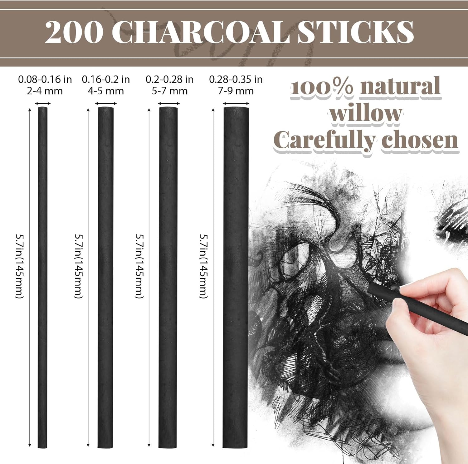Gueevin 200 Pcs Willow Charcoal Sticks, Willow Charcoal, Artists, Beginners, Students, Perfect for Sketching, Drawing, Shading, and Fine Art (2-4mm,4-5mm,5-7mm,7-9mm)