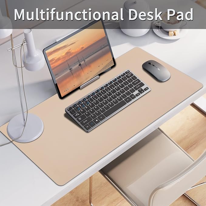 Leather Desk Pad, Large Mouse Pad, Leather Desk Blotter, Non-Slip Desk Pad Protector, Office Desk Pad, Waterproof Desk Mat for Home Office and Decor - Beige (35.4×15.7 Inches)