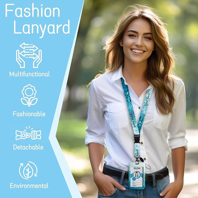 Lanyards for Id Badges, Positive Badge Holder with Retractable Reel Clip, Inspirational Quote Card Name Tag Lanyard Vertical ID Card Protector Case for Women Nurse Doctor Teacher Student Blue