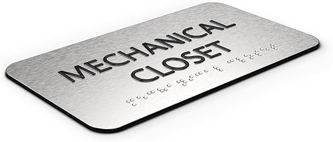 Mechanical Closet Sign for Business - Office Signs, Aluminum Brushed Silver, Tamper-Proof, Heavy Duty Mounting Tape, Easy Install, Office Décor, ADA Compliant, Grade 2 Braille (7” W x 4” H) ADASigns.org