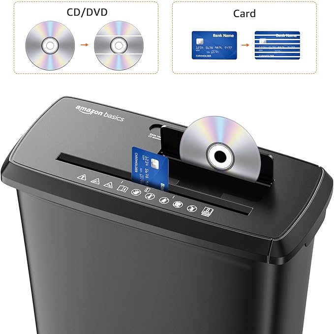 Amazon Basics 8-Sheet Strip Cut Paper, CD, and Credit Card Shredder, 3.4 gallons, Black