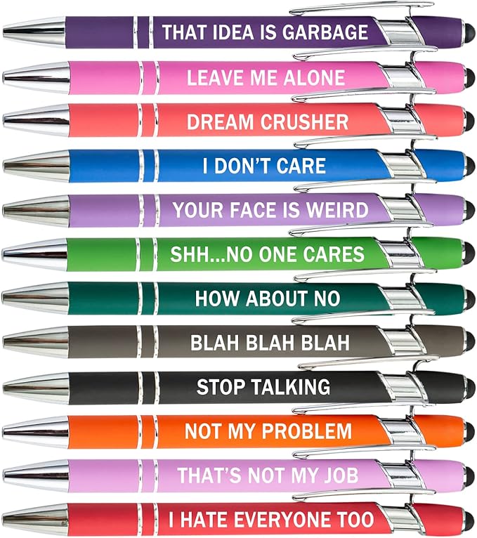 PASISIBICK 12 Pieces Funny Sarcastic Ballpoint Pens, Office Snarky Touch Screen Stylus Pen Encouraging, Black Ink (12 Color,Negative)