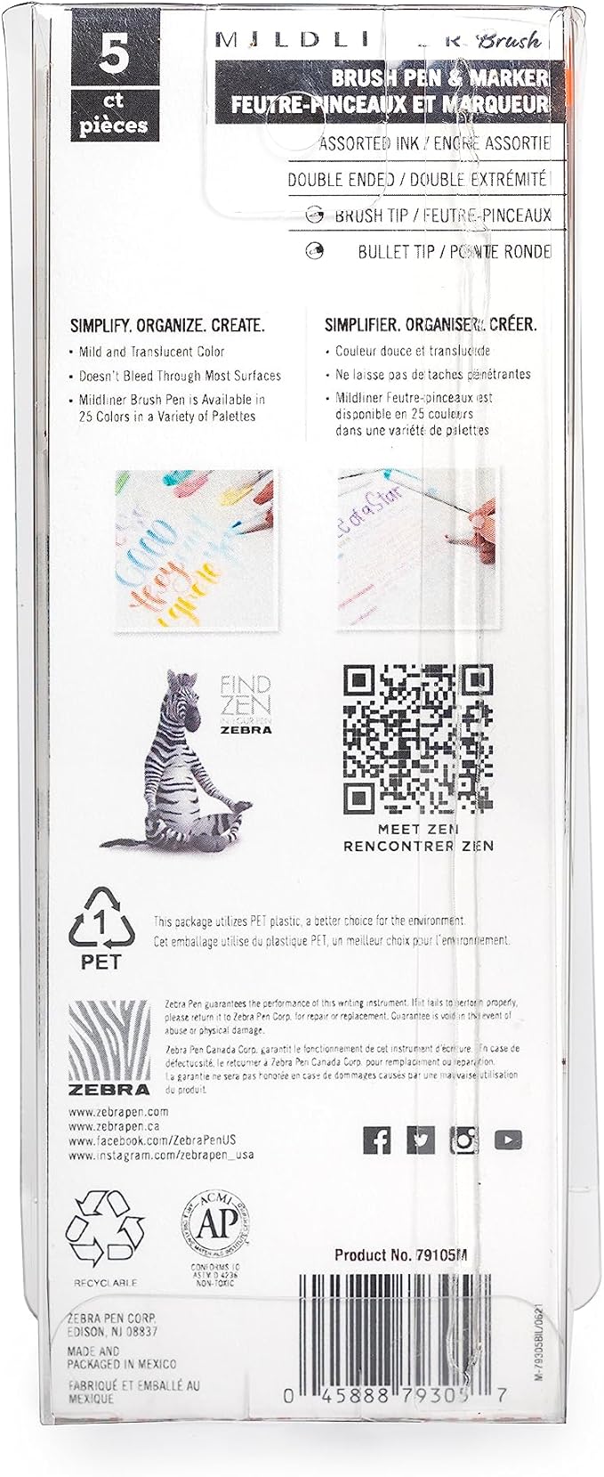 Zebra Pen Mildliner Brush Marker, Double Ended Brush and Fine Tip Pen, Assorted Fluorescent Colors, 5 Pack