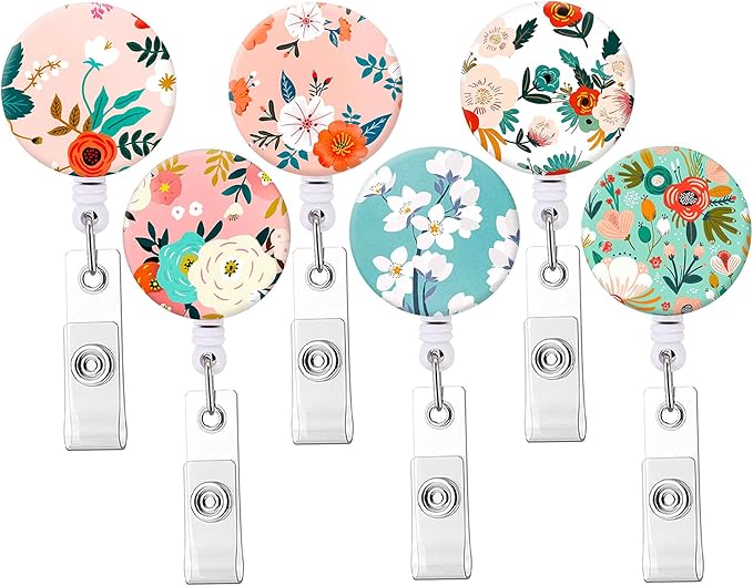 Retractable Badge Reel Clip, Badge Holder with Alligator Clip, Cute Badge Clip on ID Name Card Holders for Nurse Doctor and Office (6Pack Flowers)