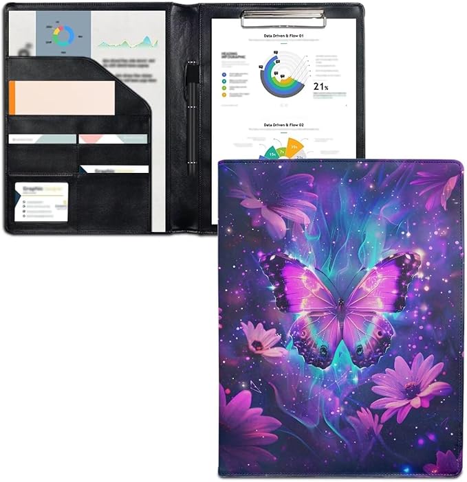 Cozeyat Purple Floral Butterfly Portfolio Binder PU Leather Padfolio Folder Business Document Organizer for Pad Notebook Resume for Women Girls Ladies