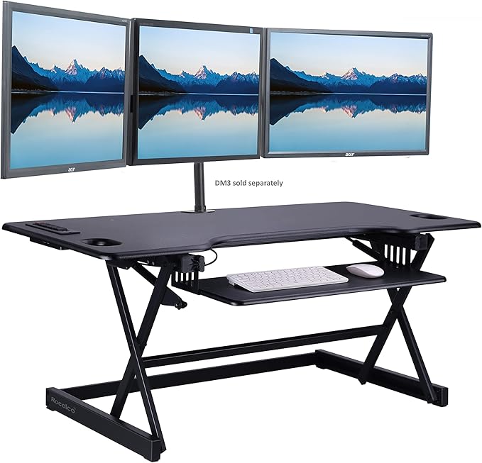 Rocelco 46" Standing Desk Converter with AC USB Charger and Dual Monitor Stand - Height Adjustable Three Screen Riser Computer Workstation - Sliding Keyboard Tray - Black (R DADRB-46-ACUSB-DM3)
