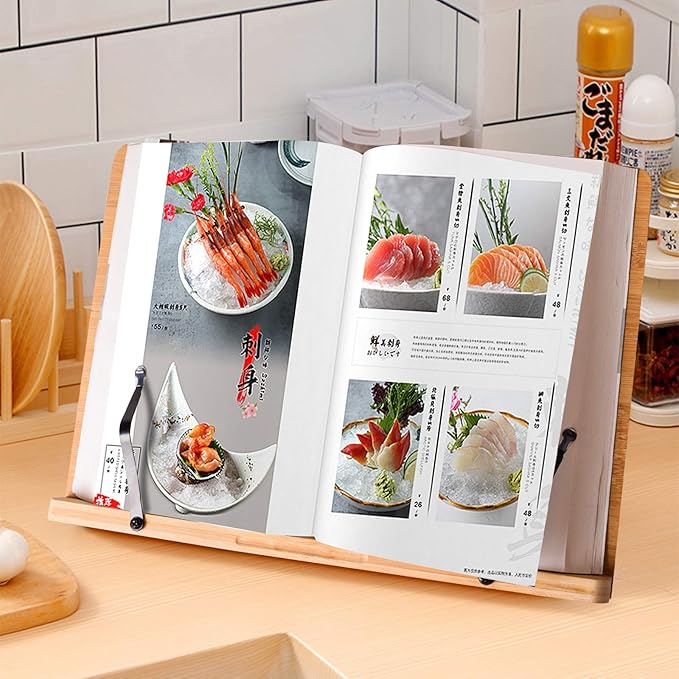 wishacc Book Stand XL-Large Size 15.4" x 11.0" Main Board-Adjustable Foldable Book Holder with Page Holder Clips - Holds Cookbooks, Receipe Books, Textbooks, Tablets, Laptops, Music Books, Documents