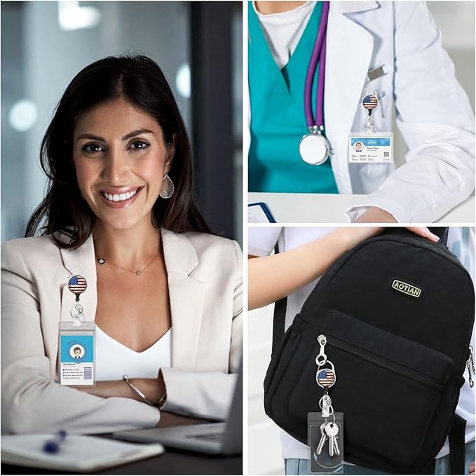 4th of July Patriotic Badge Reels Retractable with 360 Degrees Rotate Carabiner Clip Heavy Duty, American Flag ID Badge Holder Lanyard, Nurse Doctor Office Teacher School Supplies Gifts