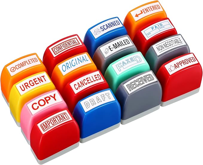 Crtiin 16 Pcs Office Stamp Set Message Self Inking Rubber Stamp Set for Office Stamps Completed Faxed Scanned Stamps for Message Supplies(Mixed Colors)