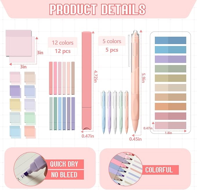 Jutom 39 Pcs Aesthetic Book Annotation Kit Pencil Case Bag with Highlighter Gel Pen 700 Sheets Transparent Sticky Notes Pads Index Tab Bible Study Supplies for School(Pink,Kawaii Style)