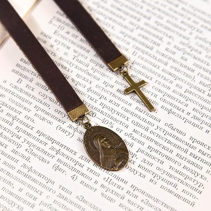 Bookmark, Sancta Teresia a Iesu Infante Bookmarks, with Long Leather Strap, Handmade Vintage Cross Prayer Book Mark, Ideal Catholic Gift (Style 9)