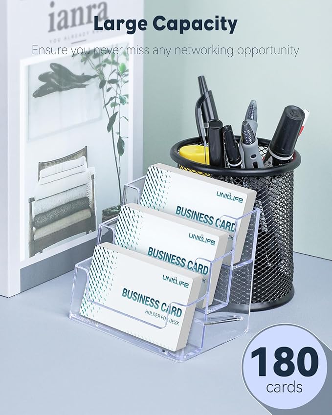 Uniclife 2 Pack Acrylic Business Card Holder for Desk 3 Slots Clear Business Card Display Stand for Men & Women Desktop Business Card Organizer Card Stand for Office Home Exhibition, 180 Card Capacity