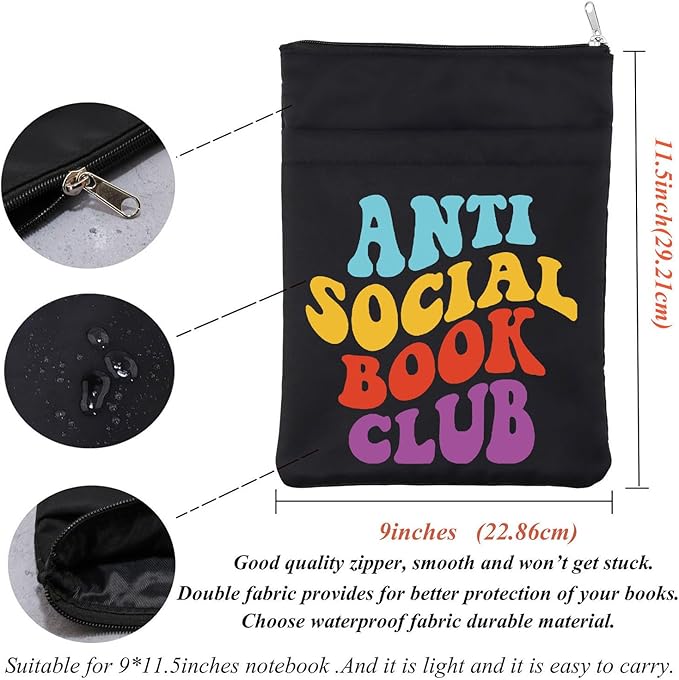 Anti Social Book Club Book Sleeve Book Readers Book Cover Book Lovers Gift Introvert Book Gift Funny Sarcastic Gift Bookish Bookworm Bibliophile Gift (Antisocial Bblk)