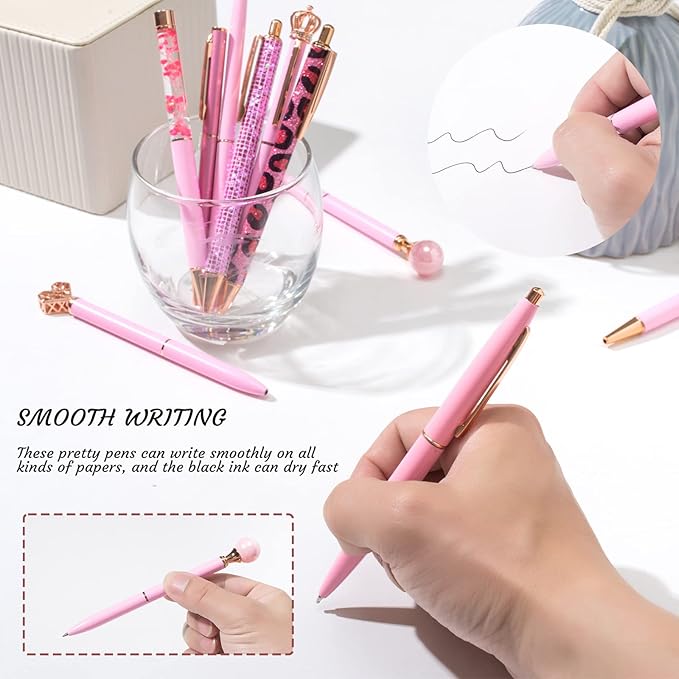 10 Pcs ballpoint pens for journaling,Metal Crystal Diamond pink Pen Glitter,Black Ink Pretty Cute Fancy Pens Gifts for Women Girls Wedding Birthday School Office Desk