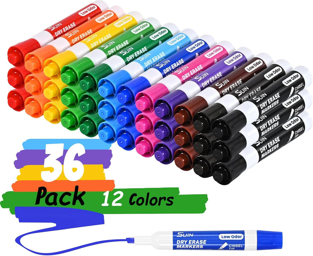 SUIN Dry-Erase-Markers, Chisel Tip - Whiteboard Markers, Low Odor Dry Erase Markers, Chisel Tip Markers, Whiteboard Marker, Assorted 12 Colors, 36 Count