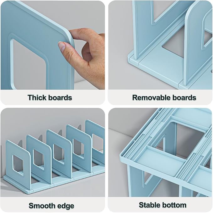 Lemical 4 Section Divider File Folder Holder Desk Book Organizer Desktop Bookshelf File Organizer Portable Plastic Kitchen Under Sink Organizer Pot Rack Handbag Sorter (Blue)