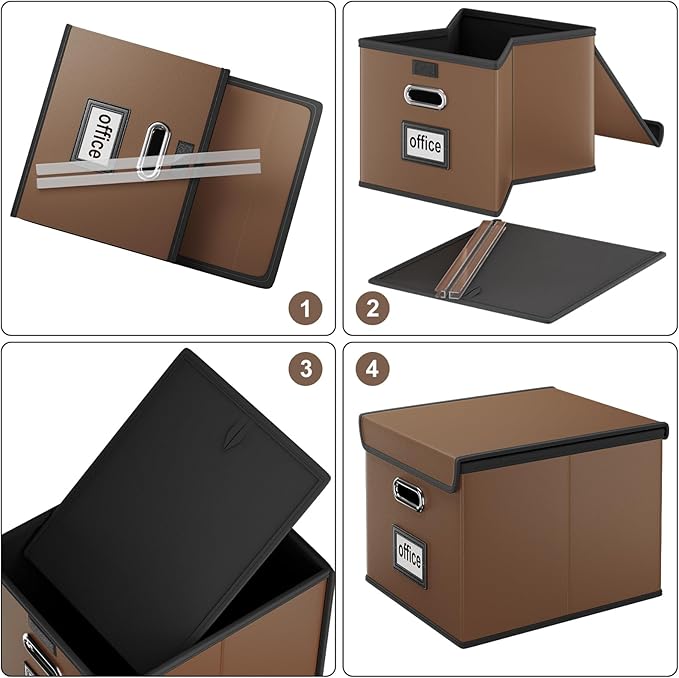 Huolewa Upgraded File Organizer Boxes with Lids, Collapsible Faux Leather Hanging File Folder Box Organizer with Plastic Slide, Decorative Home/Office Filing System Boxes for File and Folders Storage