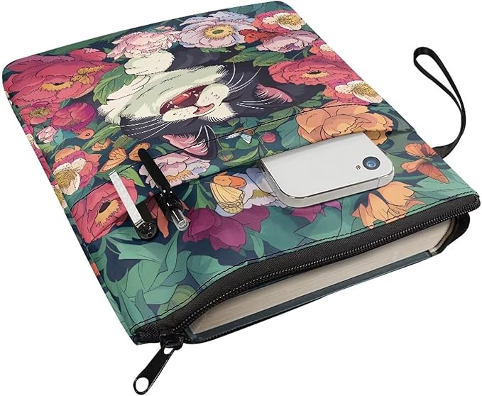 COEQINE Book Sleeves Cats Flower Book Covers Book Lover Gifts Book Protector with Zipper Book Covers for Paperbacks Book Pouch with Pockets Travel Book Case