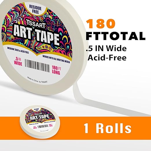 White Art Tape Medium Tack - Masking Artists Tape for Drafting Art Watercolor Painting Canvas Framing - Acid Free 1/2Inch/ 0.5inch Wide 180FT Long