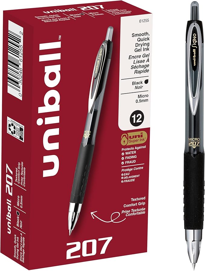 uni-ball® 207™ Retractable Fraud Prevention Gel Pens, Micro Point, 0.5 mm, Black Barrels, Black Ink, Pack Of 12