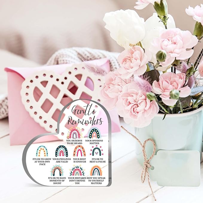 Gentle Reminders Decor, Positive Affirmations Desktop Art Decorations for Home Therapy Office School Counselling Office Mental Health Awareness Gifts, Heart Shape Acrylic Rainbow Sign Decor