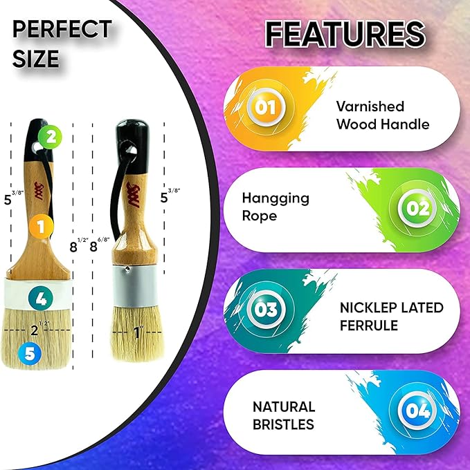 Chalk Paint Brushes Set, Pack of 2 Wax Brush - 2.5 Inches Large, Natural Bristles, Perfect for Furniture Painting, Stencils, Waxing - No Shedding, Superior Paint Pick-Up & Release (2)