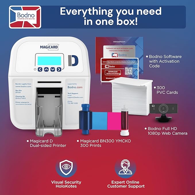 Bodno Magicard D Dual Sided ID Card Printer & Complete Supplies Package ID Software - Silver Edition