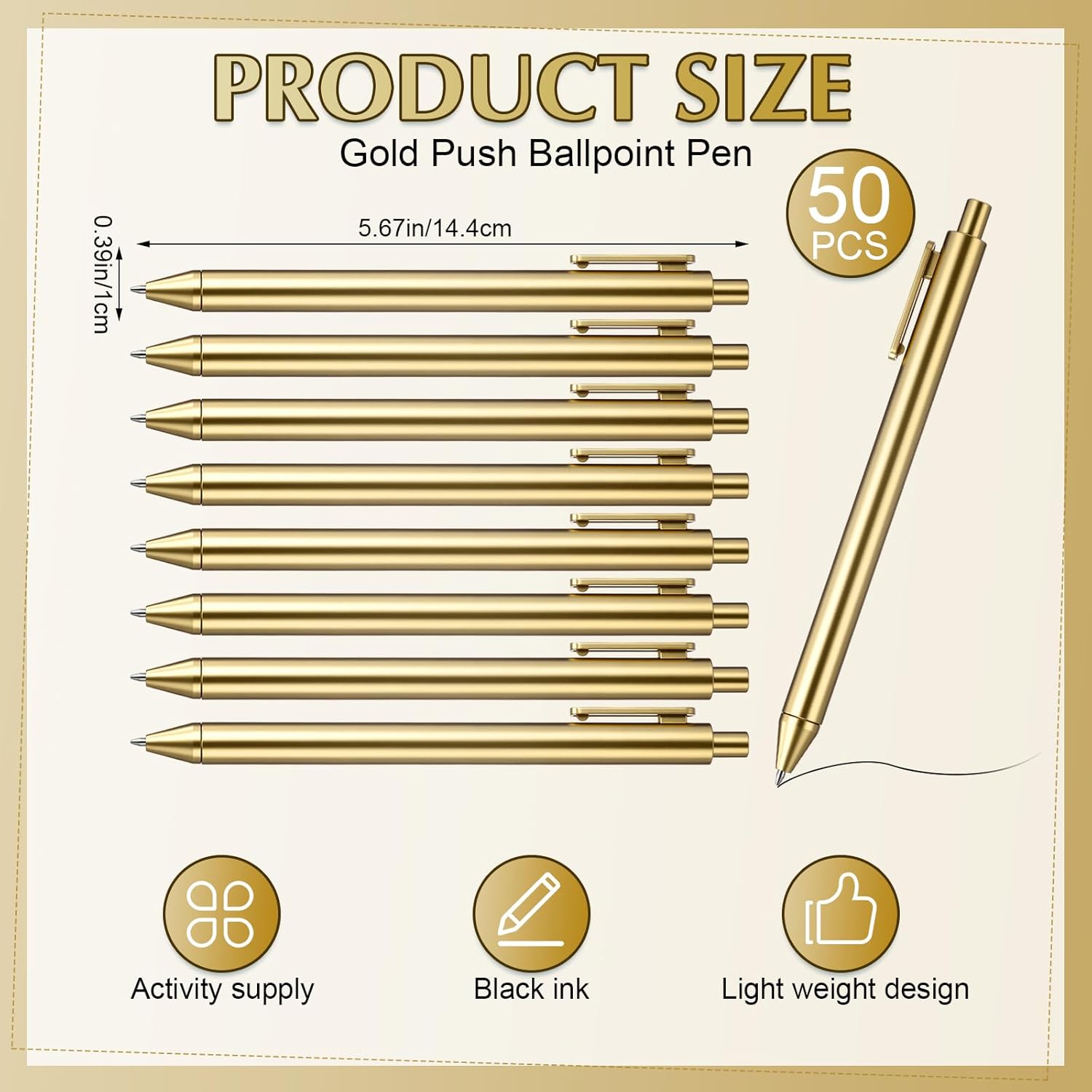 50 Pcs Gold Metallic Slim Ballpoint Pens Bulk Retractable Black Ink Medium Point (0.5mm) Smooth Writing Pens for Wedding Bridal Shower Business Office Students Teachers (Classic Style)
