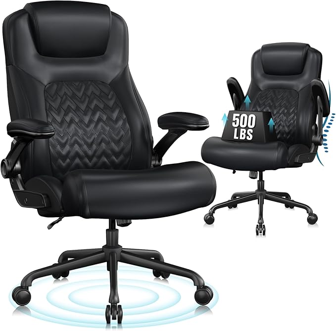 Flysky Executive Ergonomic Office Chair - Big and Tall Office Chair for Heavy People, PU Leather Computer Desk Chair with Flip-up Armrest, Comfortable Wide High Back PC Work Chair