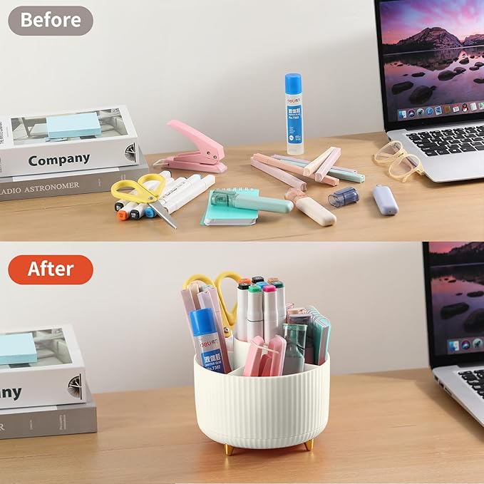 Desk Pen Holder, 5 Slot 360 Rotating Pen Organizer for Desk, Desktop Storage Stationery Supplies Organizer, Cute Pencil Cup Pot for Office, School, Home, Art Supply, Beige