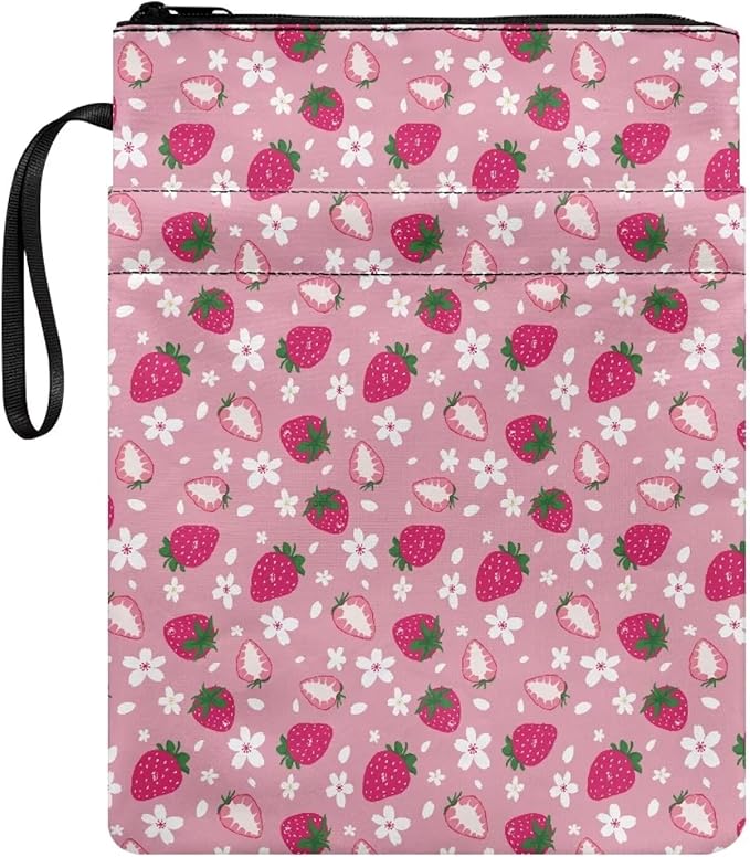 COEQINE Strawberry Book Sleeve Protector Book Cover with Zipper Book Sleeves Washable Hardcover Paperbacks Book Sox with Front Pocket