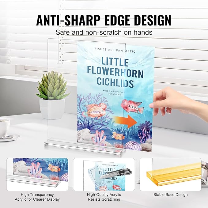 VEVOR Acrylic Sign Holder, 6 Pack 8.5 x 11-inch Brochure Display Holders, T-Shape Double Sided Display Sign Stand, Clear Acrylic Table Menu Photo Paper Holder for Restaurant Office Wedding Bar