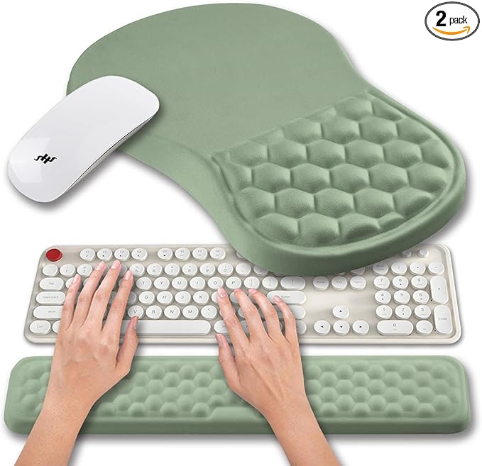 Hokafenle 2 in 1 Ergonomic Mouse Pad Wrist Support & Wrist Rest for Computer Keyboard Set, with Relieve Carpal Tunnel Pain Massage Bulge and Full Memory Gel Design (2In1 Set, Light Green)