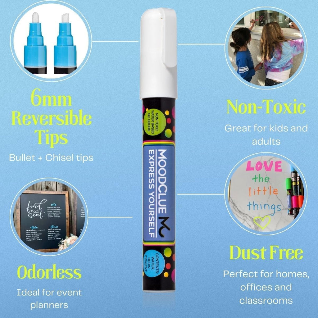 Liquid chalk markers washable, erasable, dry or wet erase. 6 neon markers for whiteboards, glass boards, mirrors, chalkboards, windows, car windshields, glass. Non-toxic, reverse tip pens