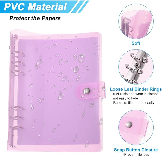 PATIKIL A5 Clear Binder Cover, Soft PVC Bling Loose Leaf Binder Protector Refillable Notebook Shell with Snap Button Closure for DIY Meeting Notebook Folder, Purple