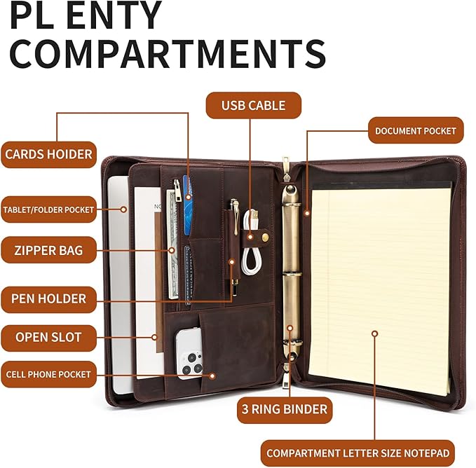 YIWEN Handmade Crazy-Horse Leather 3 Ring Binder Portfolio Padfolio Folder with Zipper for Men and Women, Business Organizer for Letter A4 Size for Meeting and Travel (Custom Engraved, Dark Brown)