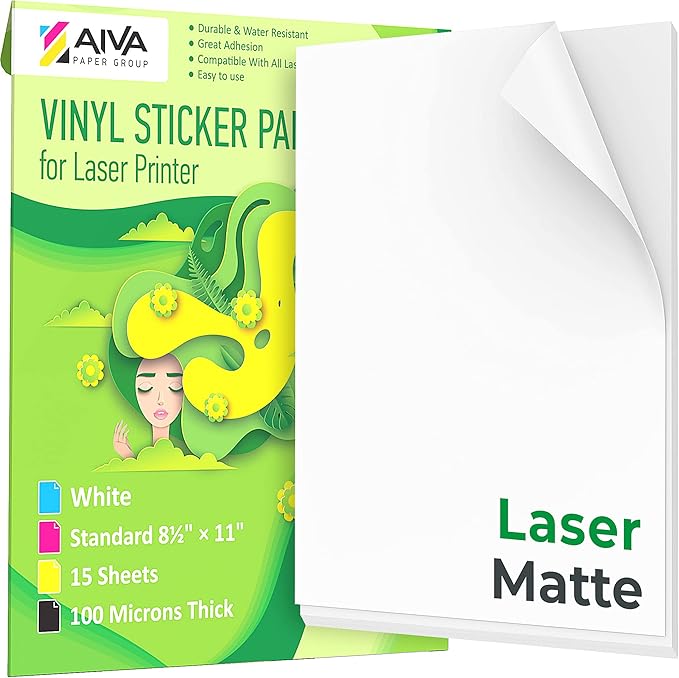 Printable Vinyl Sticker Paper for Laser Printer - Matte White - 15 Self-Adhesive Sheets - Waterproof Decal Paper - Standard Letter Size 8.5"x11"