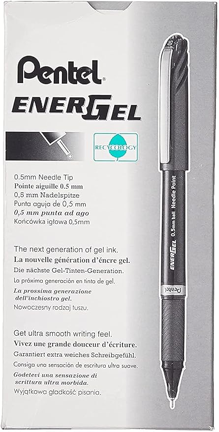 Pentel EnerGel NV Gel Ink Pen, (0.5mm), Fine Point Capped, Needle Tip, Black Ink, Box of 12 (BLN25-A)