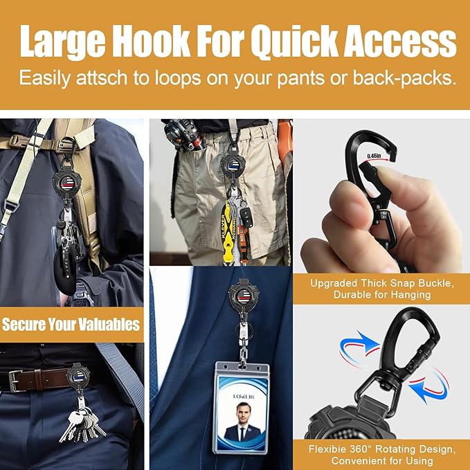 bolimoss Retractable Keychain with Belt Clip 2 Pack, Heavy Duty 360° Swivel Carabiner Key Chains, Tactical ID Badge Reels with 32” Wire Rope and Key Ring, Up to 10 oz (USA Flag)
