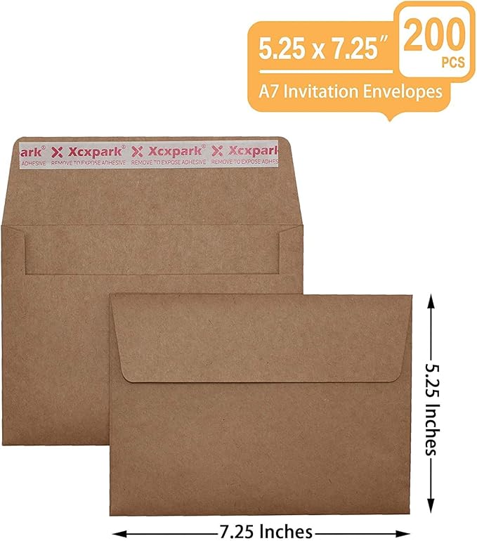 200 Qty Printable A7 Invitation Envelopes 5.25 x 7.25, Self Seal 120GSM Brown Kraft Paper Envelopes for Invitations, Papers, Photos, Documents, Wedding, Baby Shower, Easy to Seal