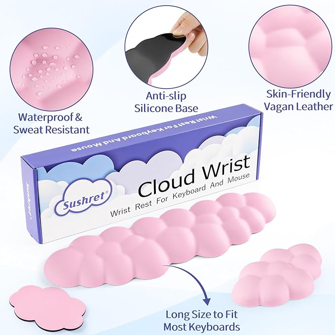 Cloud Wrist Rest Keyboard, Cloud Palm Rest Set with PU Leather Memory Foam, Cute Keyboard Rest for Wrist Support and Arm Rest, Desk Cloud Wrist Pad for PC/Gaming/Hand Cushion/Computer-Pink