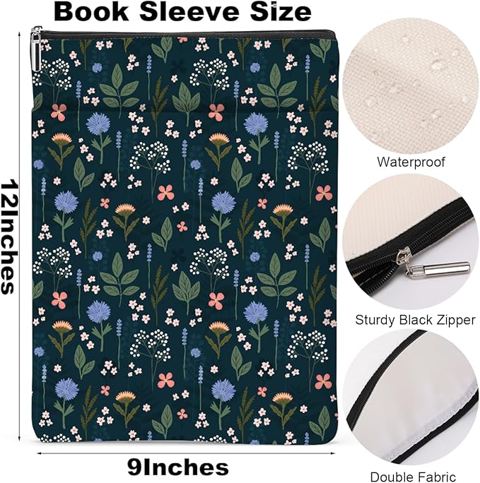 Wildflower Pattern Book Lovers Gifts Waterproof Book Sleeve Book Pouch Book Protector with Zipper and Front Pocket BookCover Case for Women Girl Readers Librarian Book Accessories Book Club Gifts