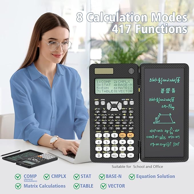 Rechargeable ROATEE 991ES Scientific Calculators, CalcNote Multiview 4-Line Display with LCD Writing Tablet, Foldable Portable with Notepad for Business High School College Students and Teacher(Black)