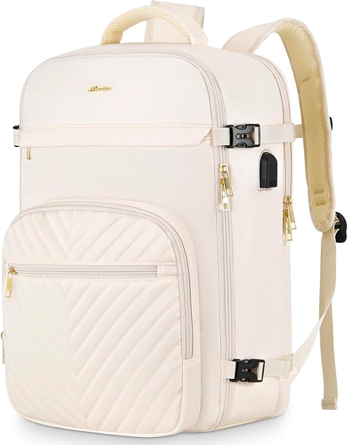 Travel Backpack for Women, Carry On Backpack for Airplanes Flight Approved, Waterproof Large Weekender Overnight Bag Fit 17 Inch Laptop with USB Charging Port, Beige