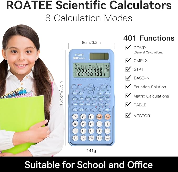 Scientific Calculators School Supplies, ROATEE 401 Functions 2-Line Display with Sliding Cover, Solar Battery Dual Power Kawaii for Middle High School Student and Teacher Dust Resist and Durable