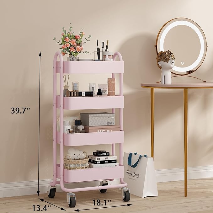 4-Tier Pink Rolling Cart,Metal Utility Rolling Cart with Handle,Multifunction Rolling Carts with Wheels,Kitchen Storage Carts Suitable for Office,Home,Kitchen,Garden（13.4"x18.1"x40"） Pink