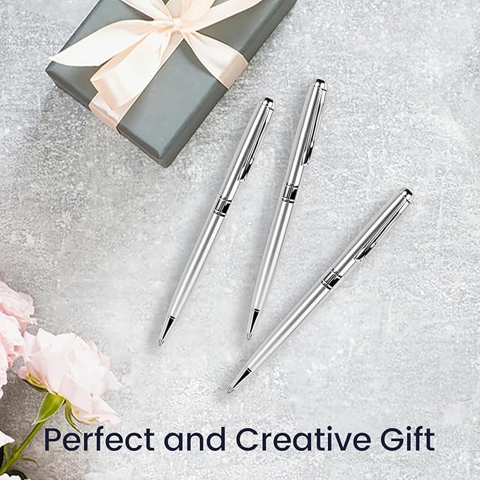 Cambond Ballpoint Pens Metal Pen - Silver Pens Black Ink Nice Pens for Gift Business Men Police Flight Attendant 1.0 mm Medium Point Office Pens, 3 Pens with 3 Refills (Silver)